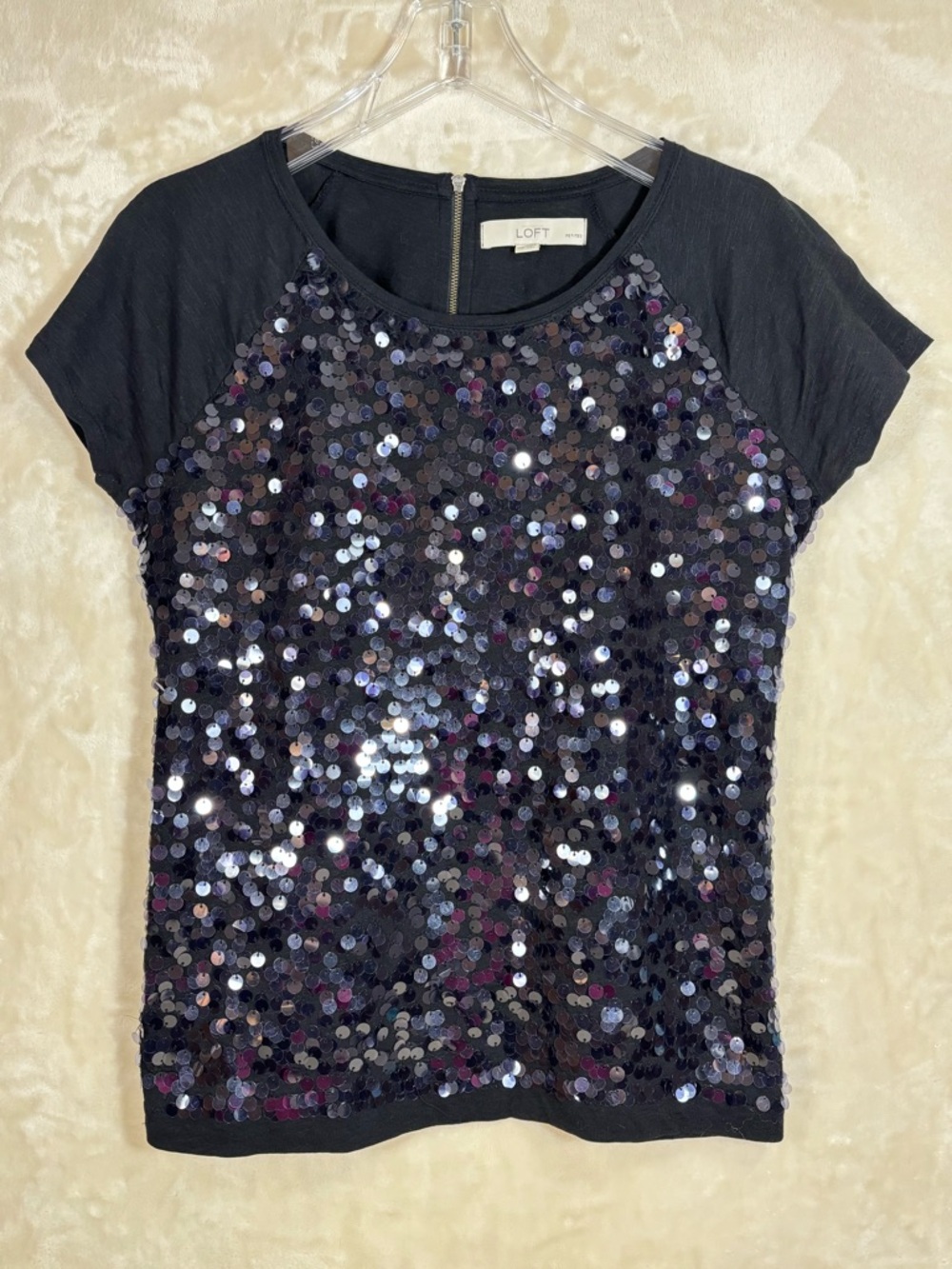 LOFT Black Sequin Short-Sleeve Crewneck Top